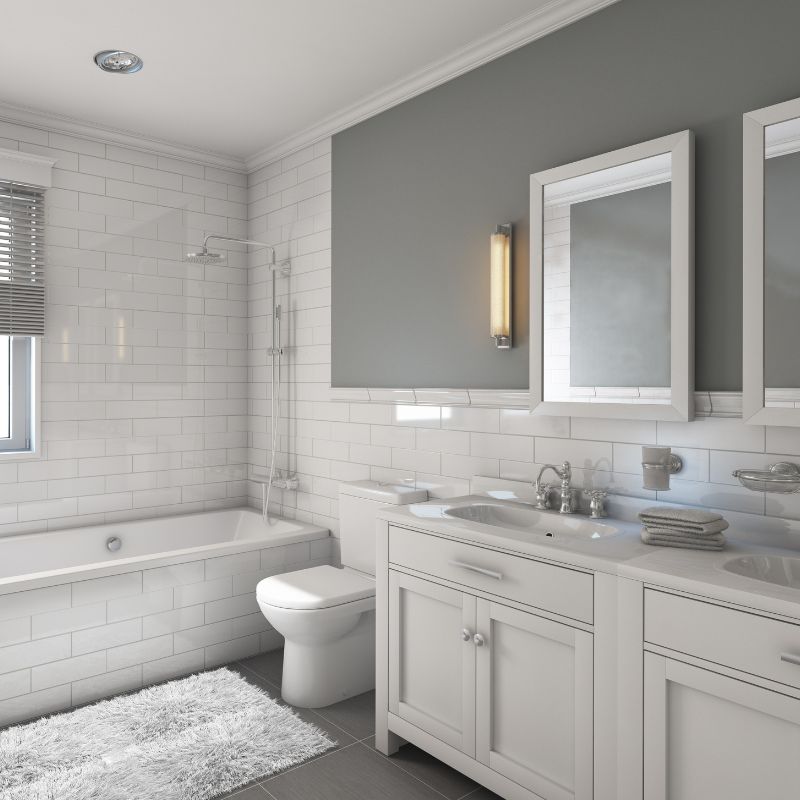 bathroom with gray walls and white tiles vanity and tub brandon sd
